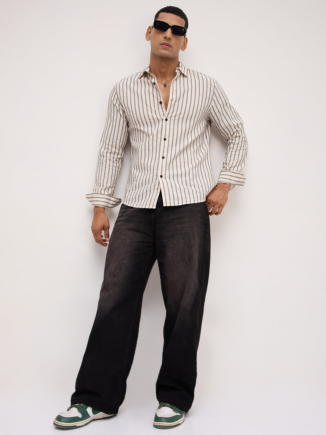 Luxe White & Navy Embroidered Striped Shirt