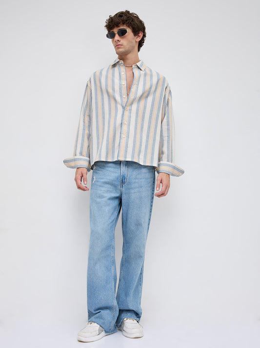 Ornate Multicolor Striped Linen Blend Boxy Fit Crop Shirt