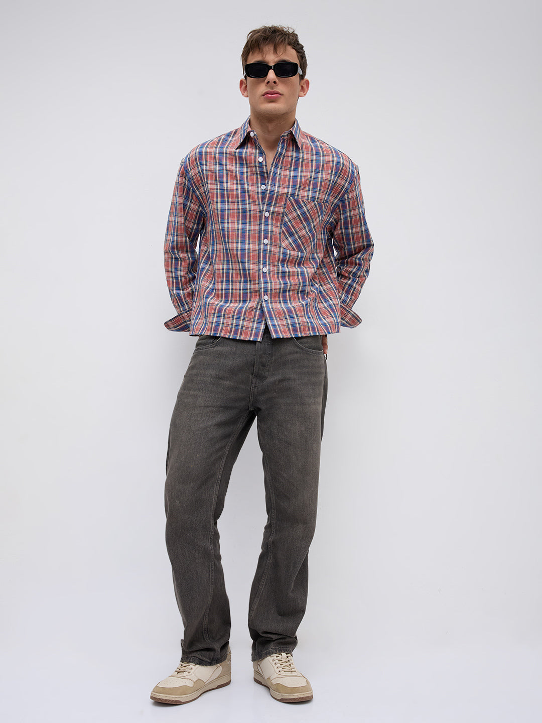 Sunset Denim Multi Checks Linen Blend Boxy Fit Crop Shirt