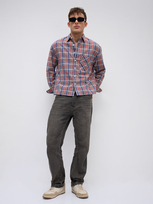 Sunset Denim Multi Checks Boxy Fit Crop Shirt