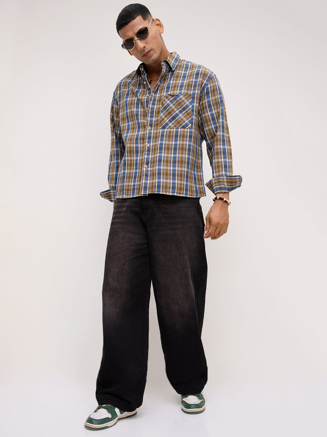 Denim Blue & Olive Checks Linen Blend Boxy Fit Crop Shirt