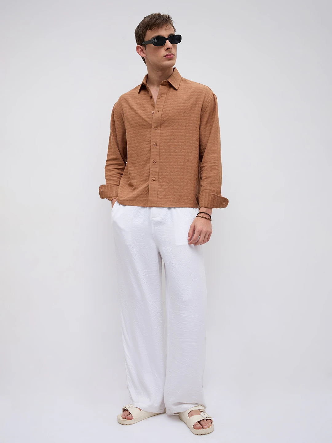 Burnt Ember Brown Block Weave Boxy Fit Crop Shirt