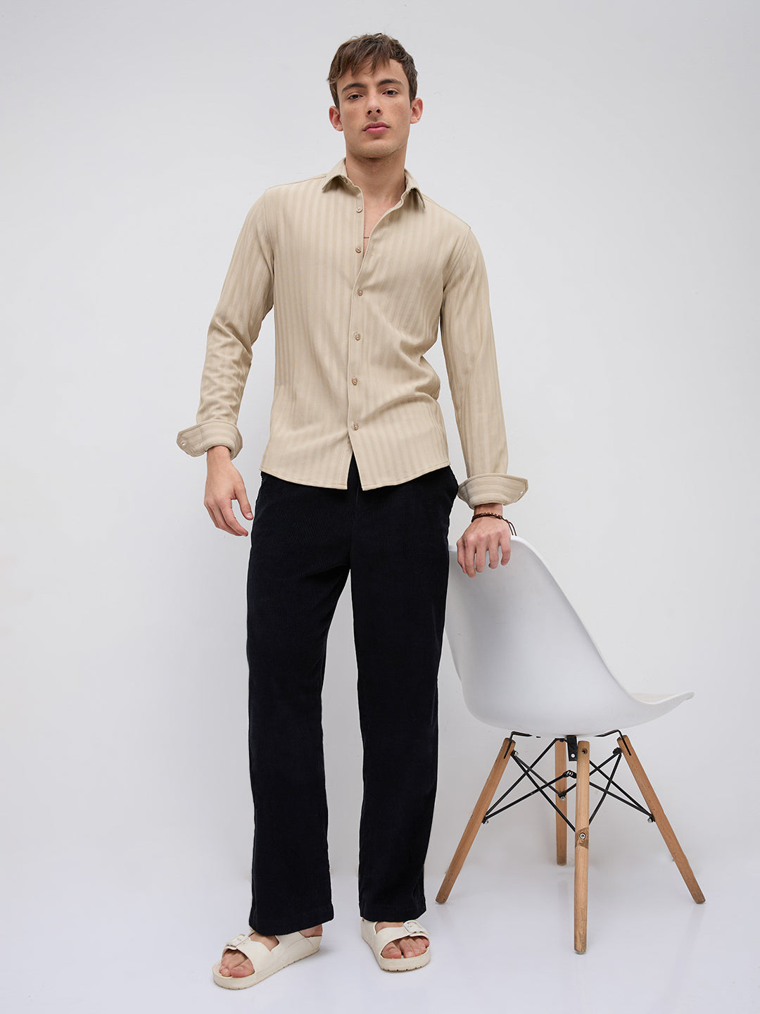 Sandstone Linear Rised Striped Textured Shirt