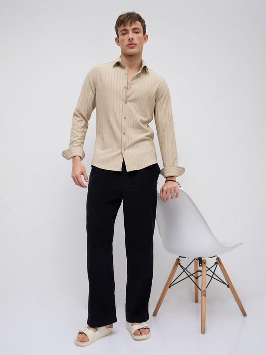 Sandstone Linear Rised Striped Textured Shirt