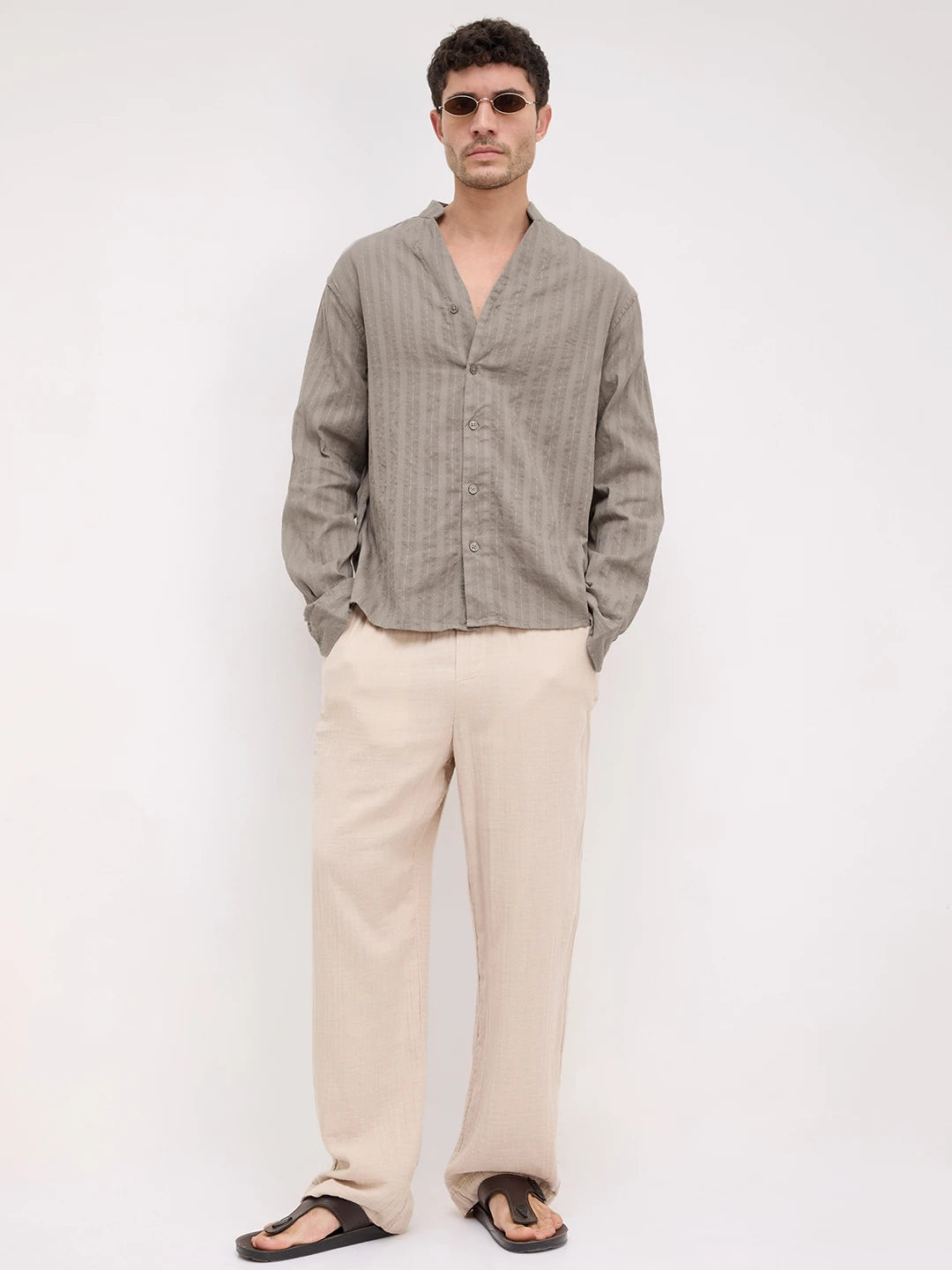 Detailed Olive Striped Stand Collar Oversized Shirt