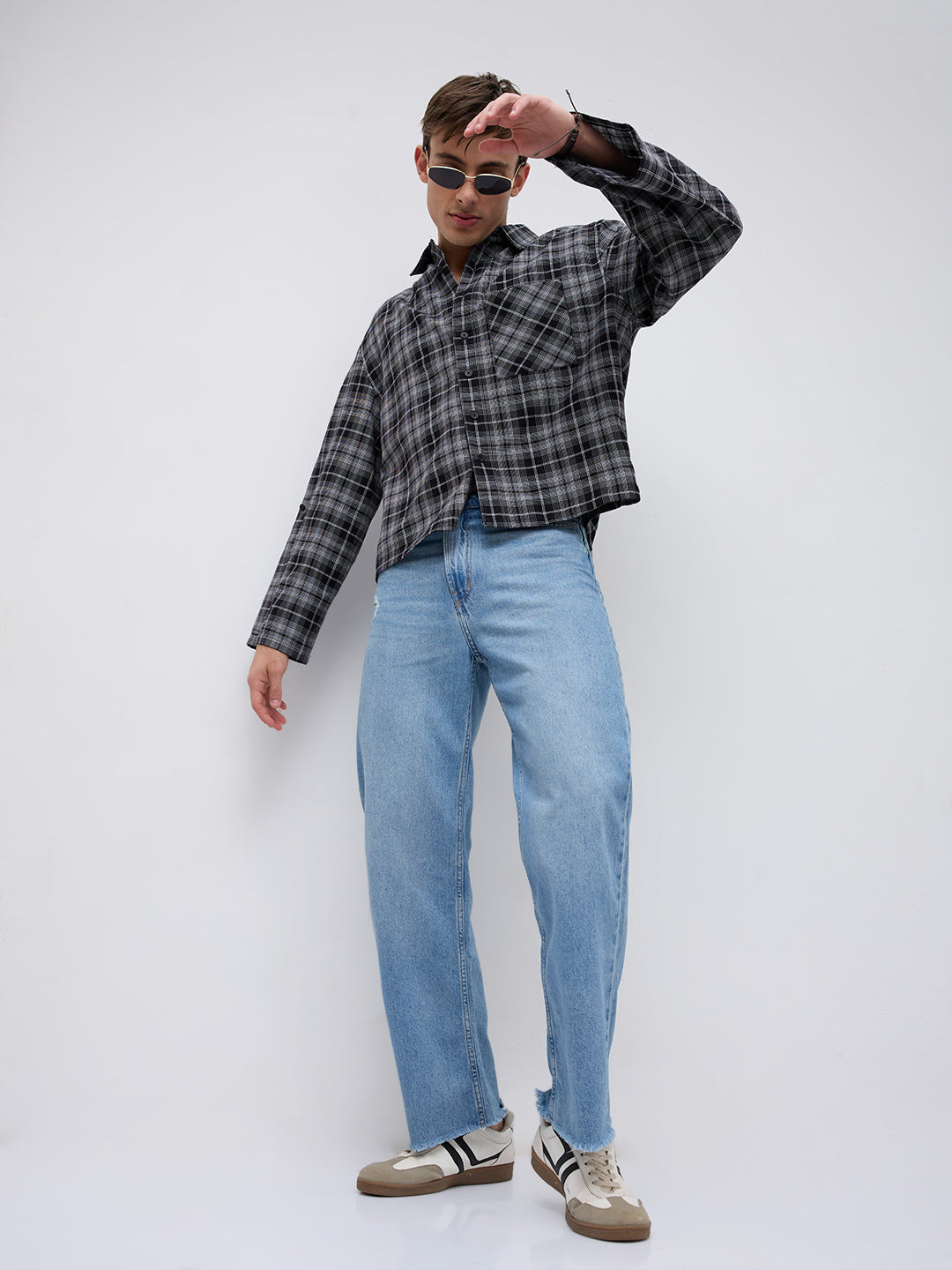 Eclipse Grid Fine Checks Cuffless Oversized Crop Shirt