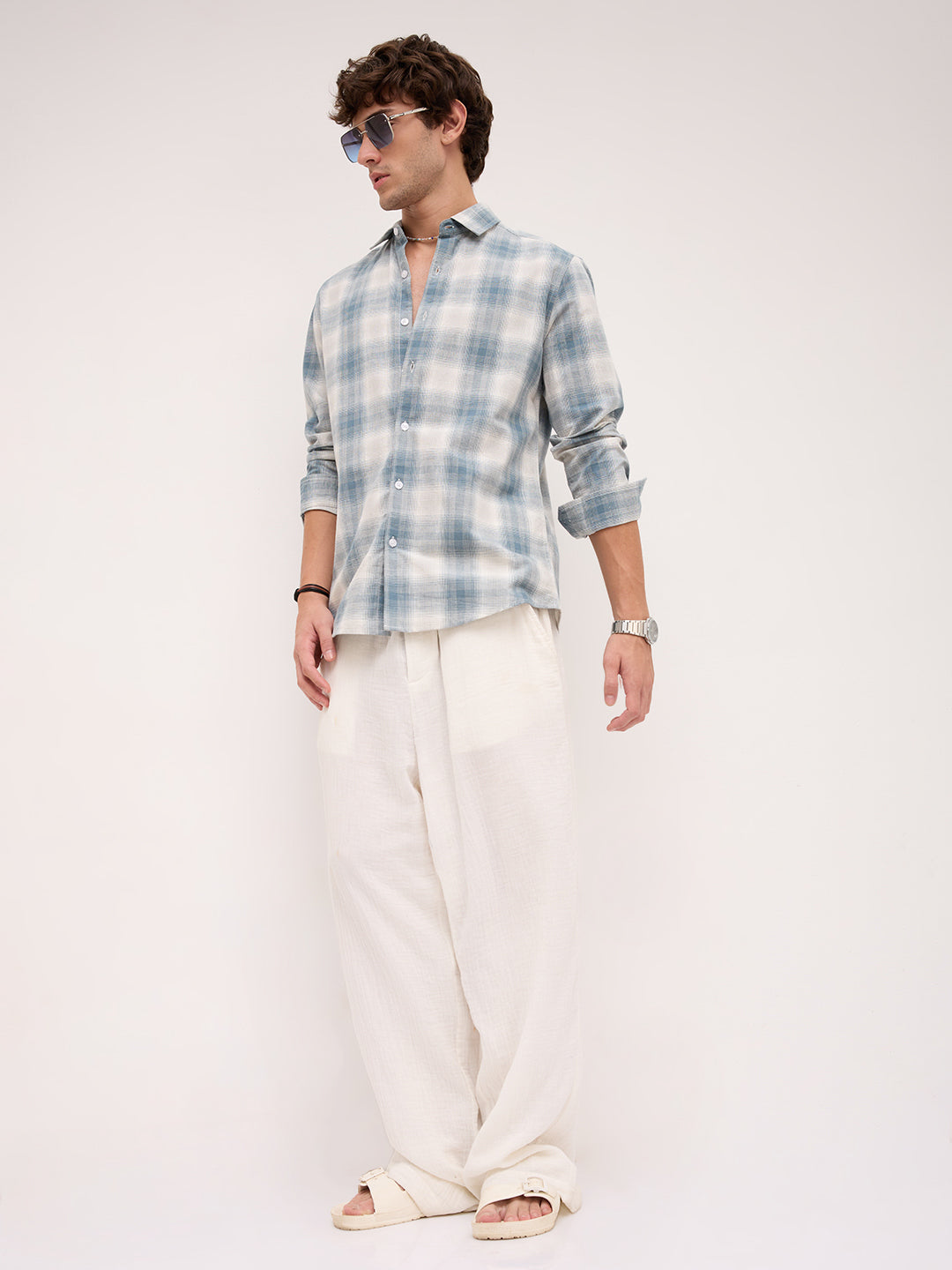 Premium Slate Blue & White Linen Blend Plaid Checks Shirt