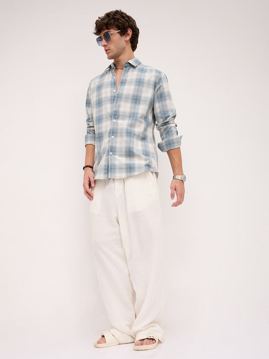 Premium Slate Blue & White Linen Blend Plaid Checks Shirt