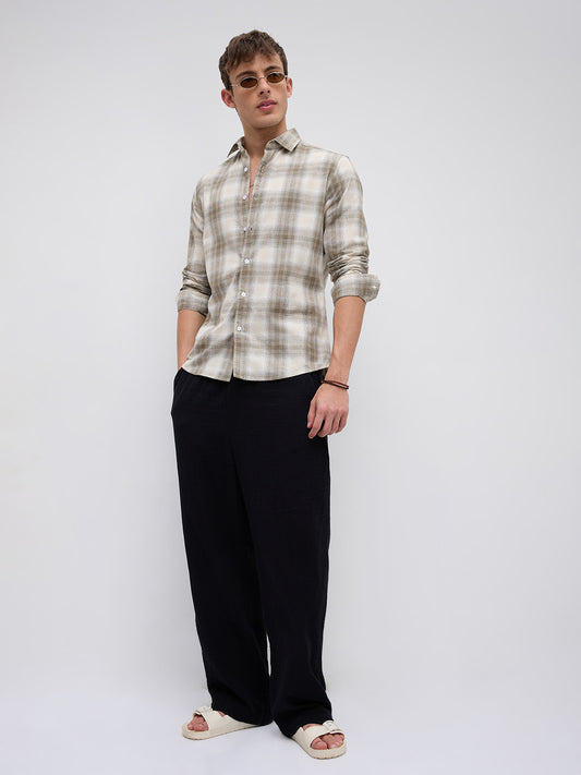 Premium Saddle Brown & White Plaid Linen Blend Checks Shirt