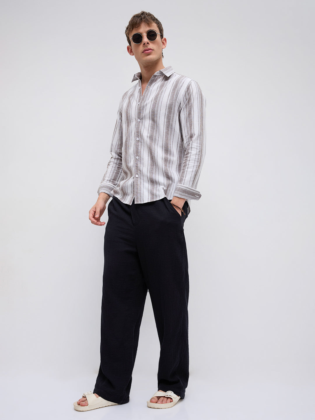 Saddle Brown & White Fine Striped Linen Blend Shirt