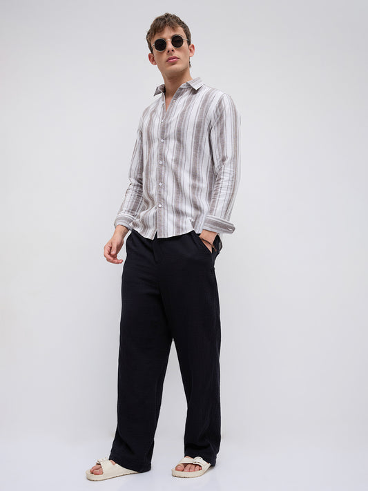 Saddle Brown & White Fine Striped Linen Blend Shirt
