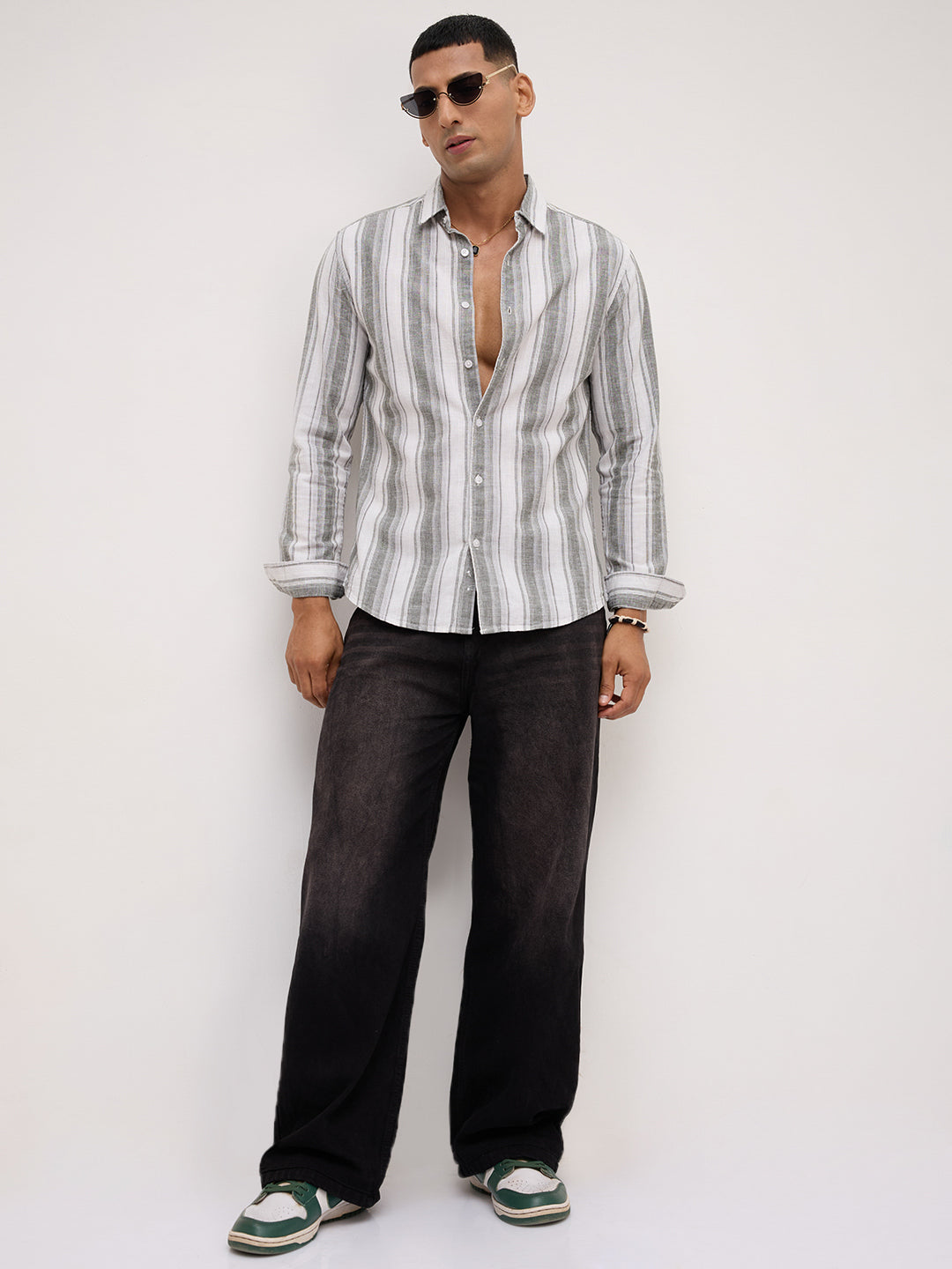 Ash Grey Shadow Striped Linen Blend Shirt