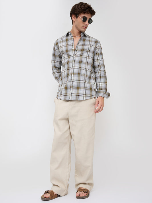 Olive & Grey Fine Plaid Checks Shirt