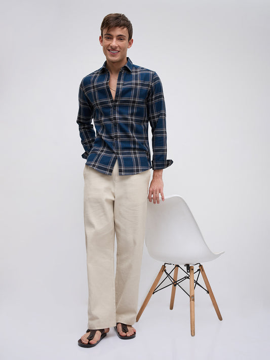 Ocean Blue Contrast Plaid Checks Shirt