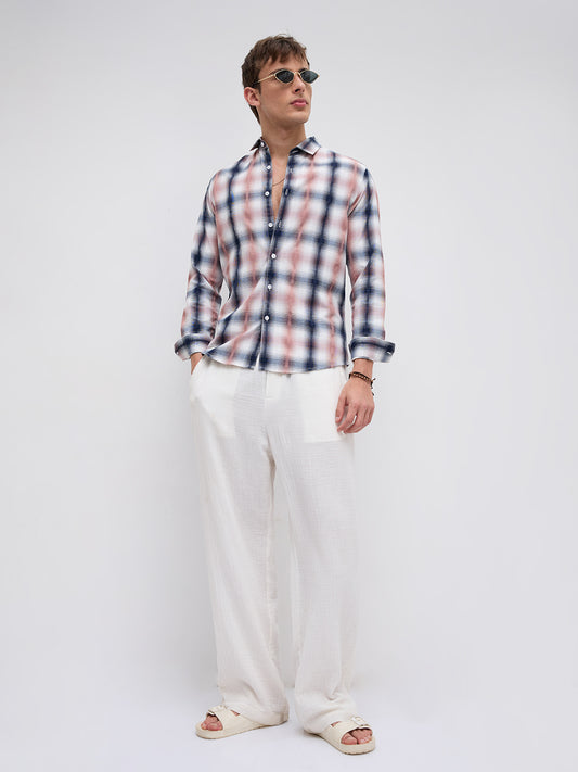 Premium Navy & Pink Textured Plaid Checks Shirt