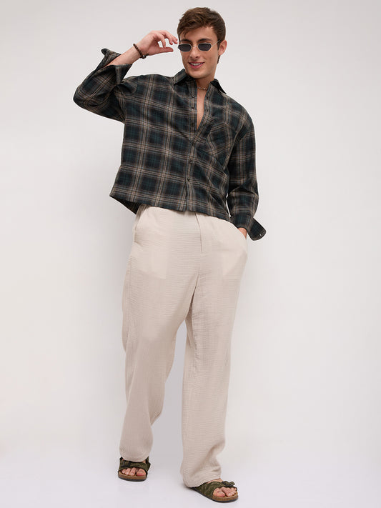 Forest Black Multi Line Plaid Checks Boxy Fit Crop Shirt
