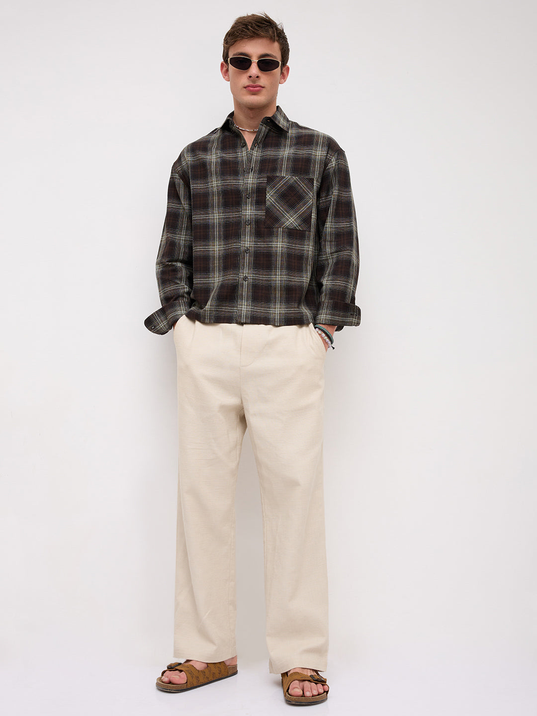 Brown & Mint Green Contrast Fine Checks Boxy Fit Crop Shirt
