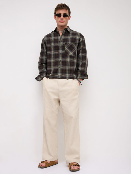 Brown & Mint Green Contrast Fine Checks Boxy Fit Crop Shirt