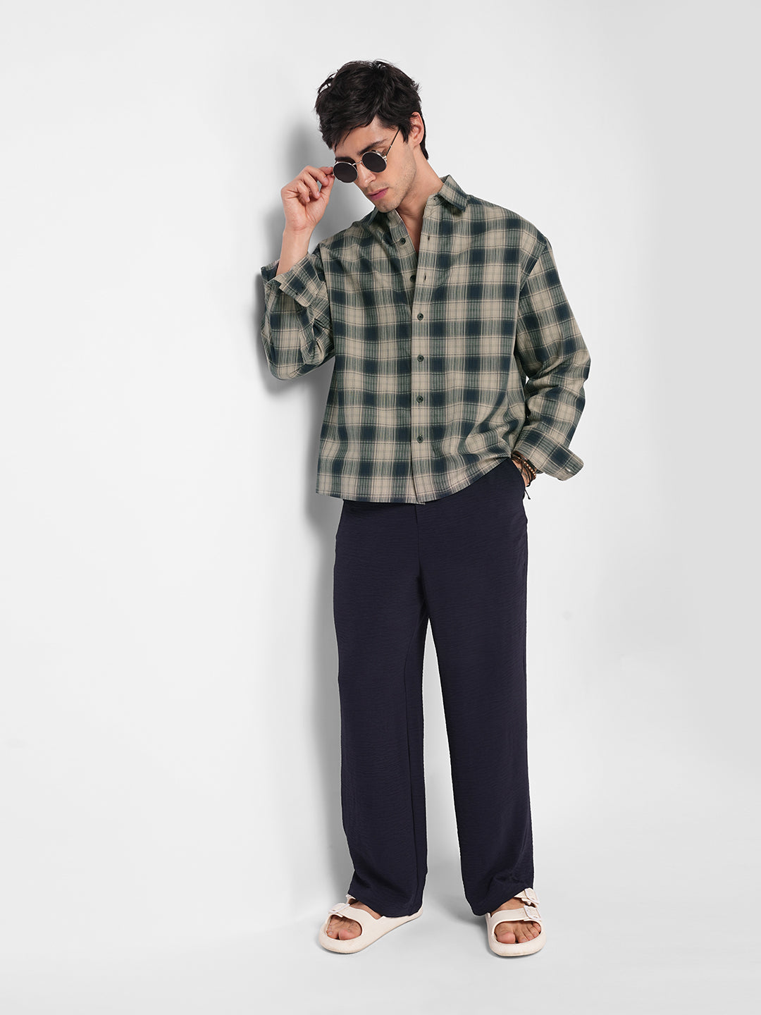 Midnight Navy & Sand Mist Textured Checks Boxy Fit Crop Shirt