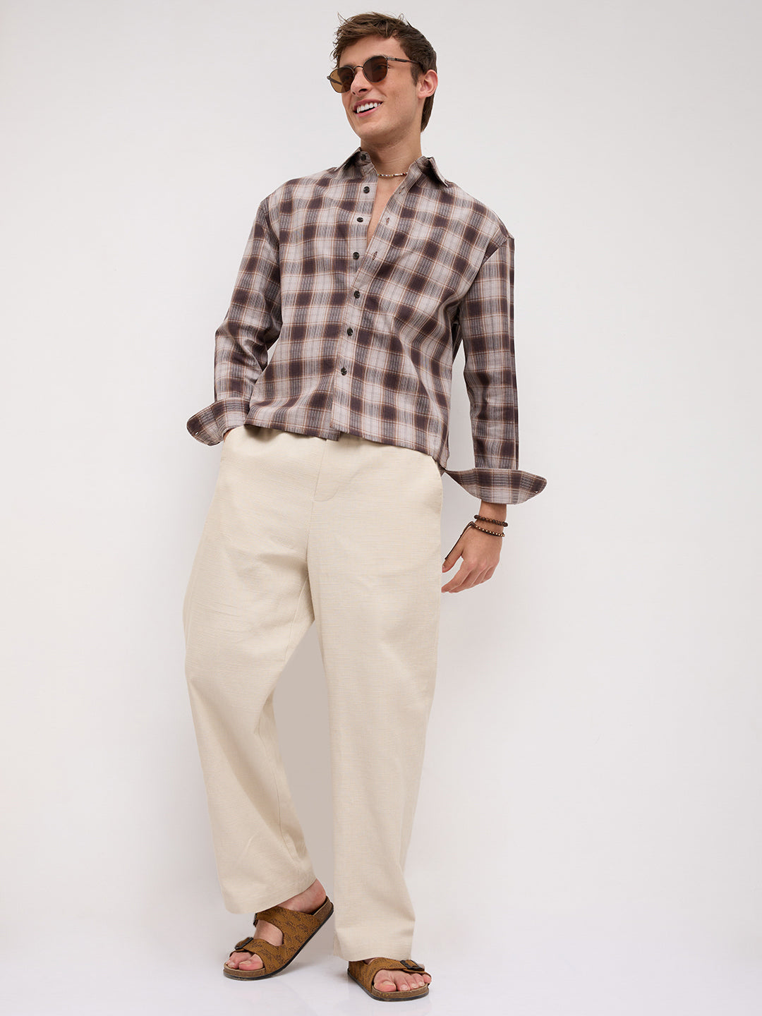 Coffee Haze Plaid Checks Boxy Fit Crop Shirt
