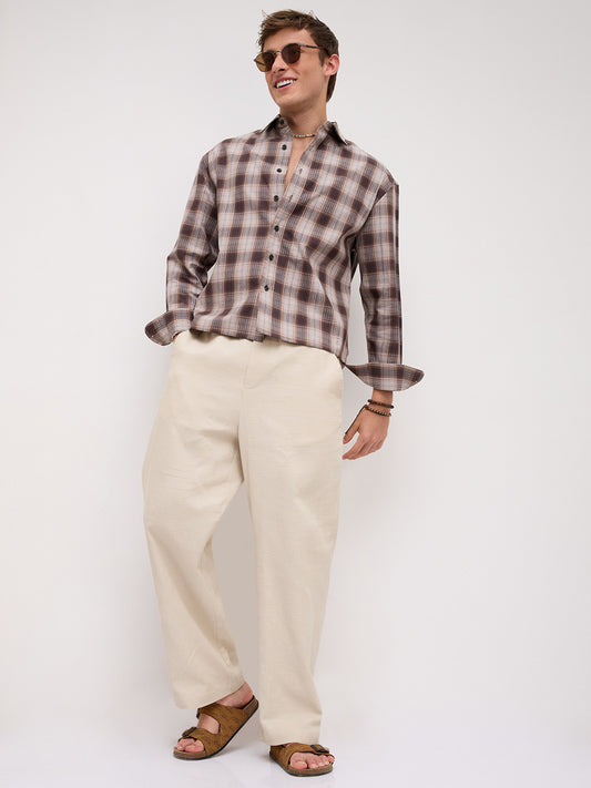 Coffee Haze Plaid Checks Boxy Fit Crop Shirt