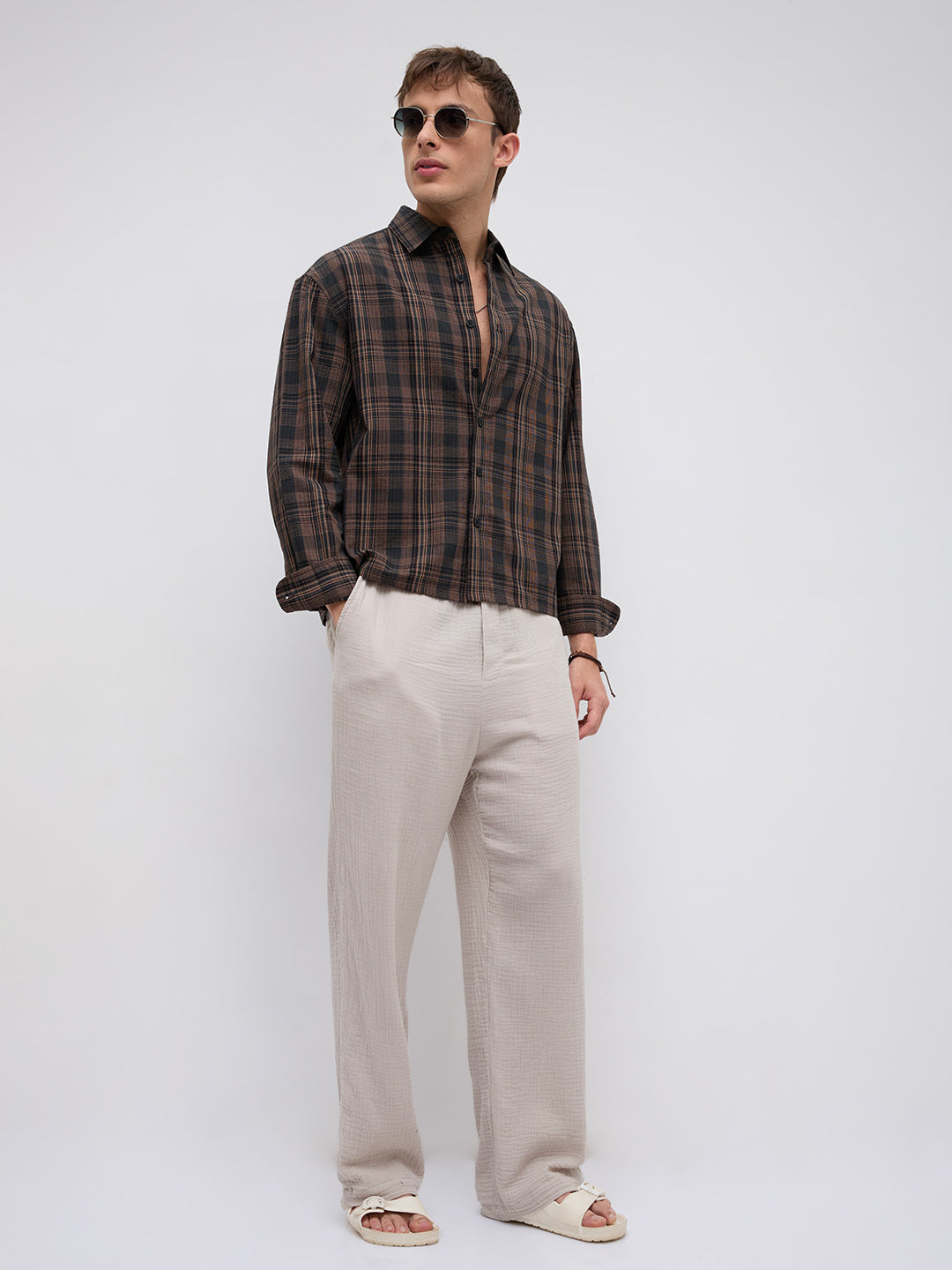 Vintage Roast Brown Fine Checks Boxy Fit Crop Shirt