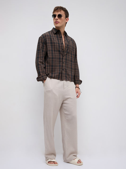 Vintage Roast Brown Fine Checks Boxy Fit Crop Shirt