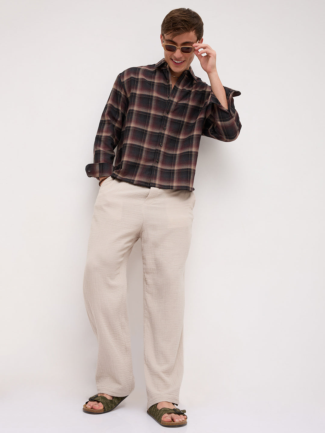 Espresso Ombre Checks Boxy Fit Crop Shirt