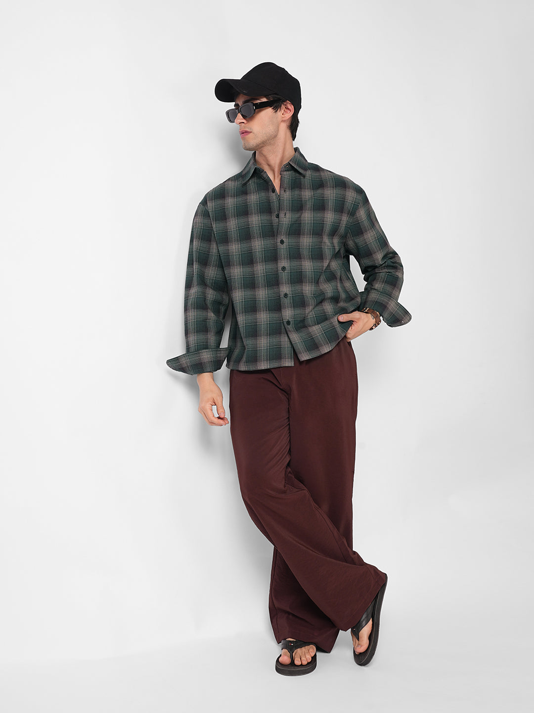 Heritage Forest Green Contrast Fine Checked Boxy Fit Crop Shirt