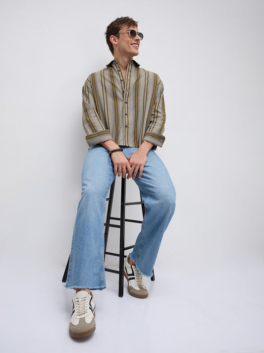 Khaki Multi Stripe Flow Boxy Fir Crop Shirt