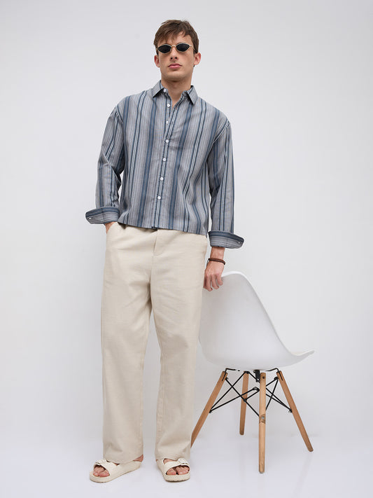 Slate Blue Multi Striped Boxy Fit Crop Shirt
