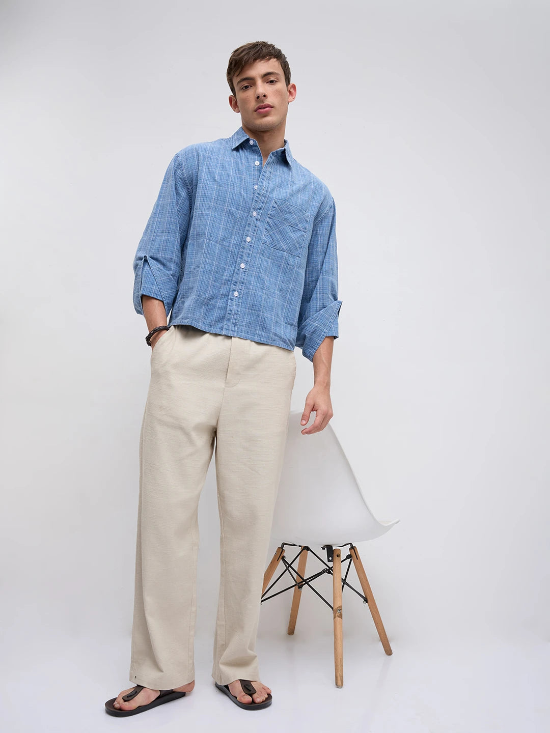 Icy Denim Blue Micro Checks Cuffless Oversized Crop Shirt