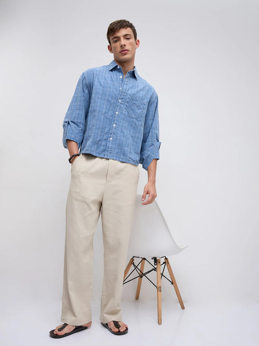Icy Denim Blue Micro Checks Cuffless Oversized Crop Shirt