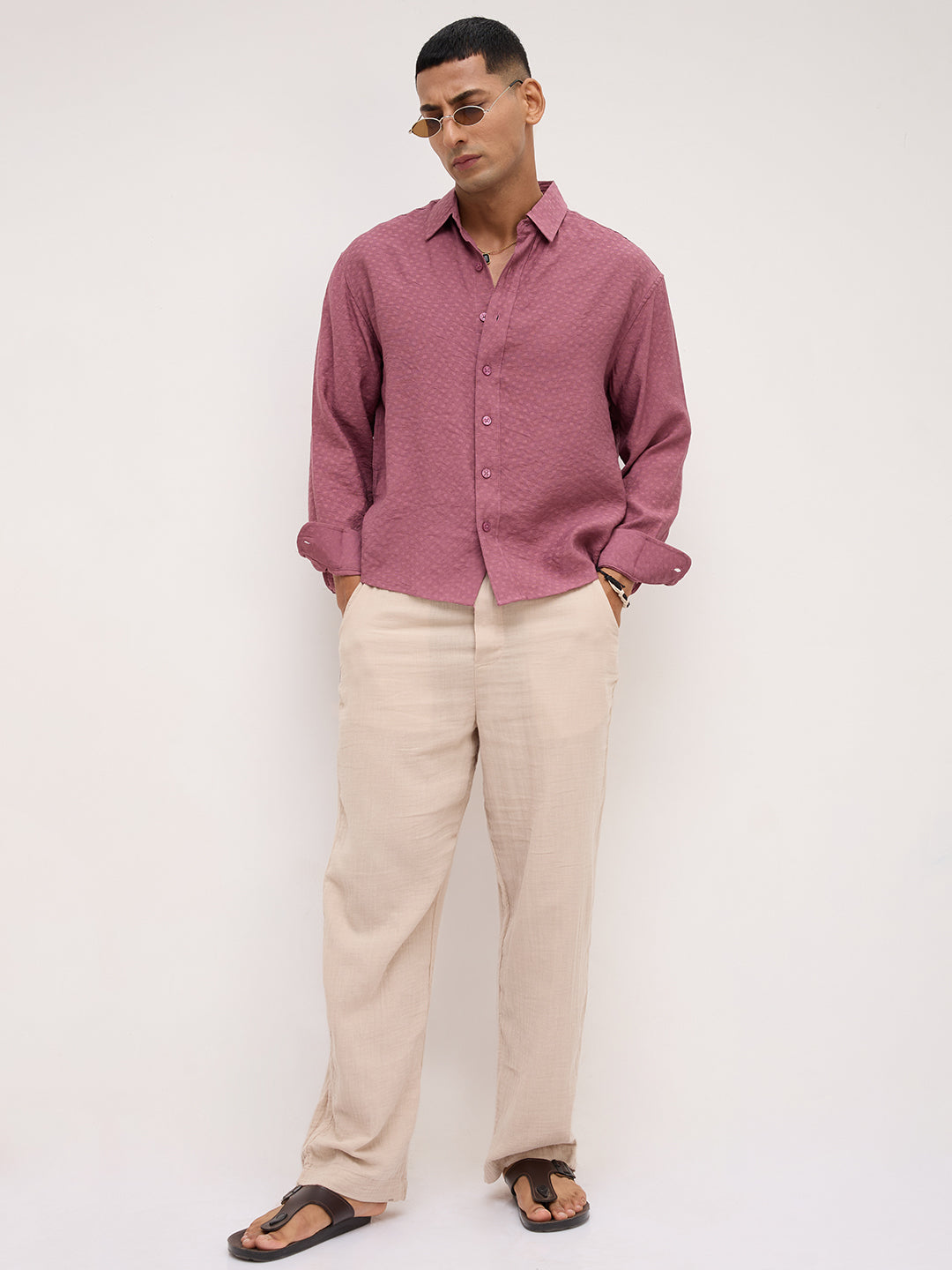 Rosewood Pink Dot Textured Boxy Fit Crop Shirt
