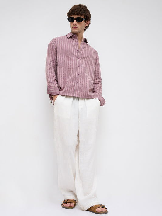 Raspberry Glace Seersucker Contrast Embroidered Boxy Fit Crop Shirt