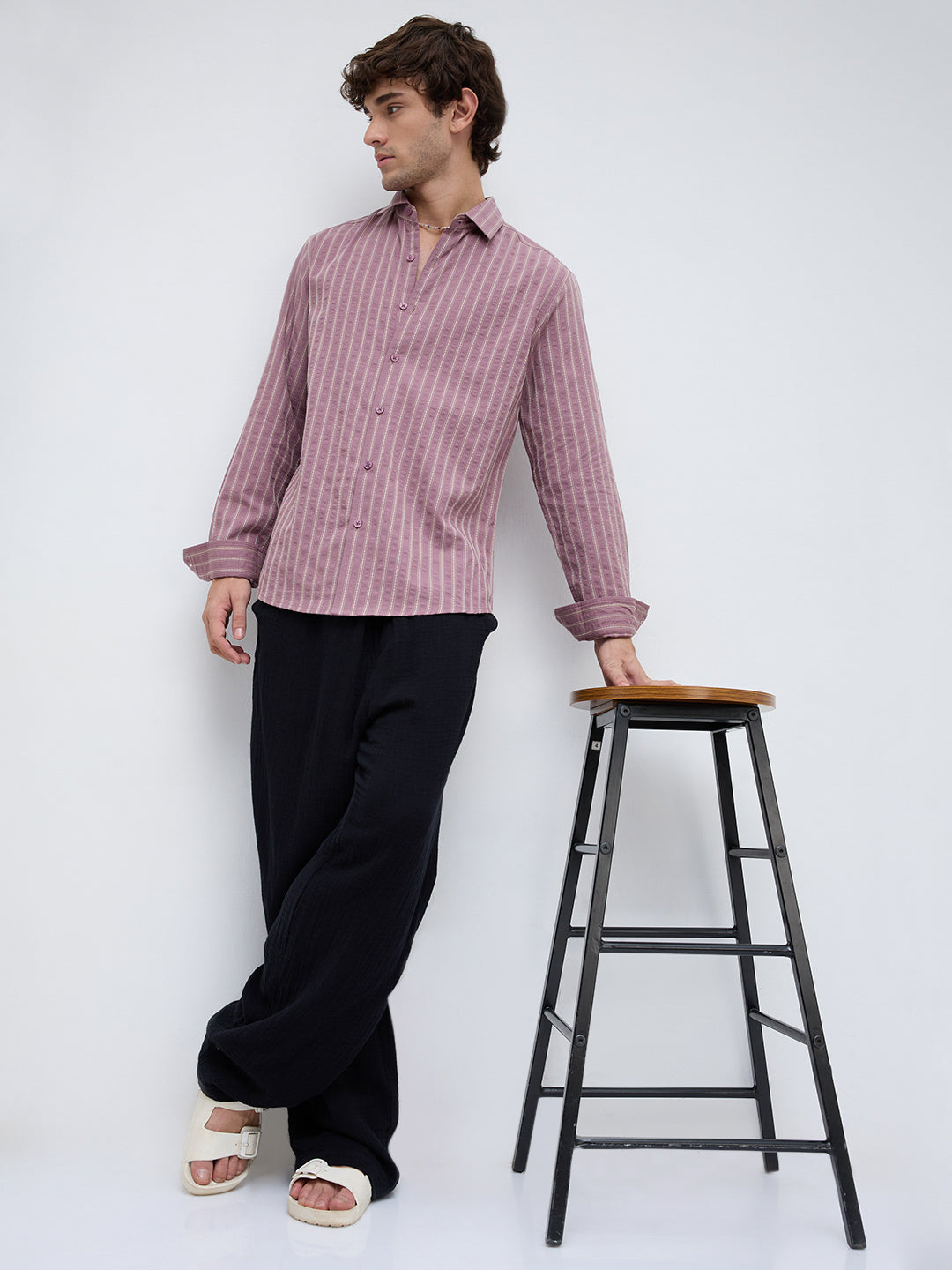 Luxe Raspberry Seersucker Glace Motif Contrast Embroidered Shirt