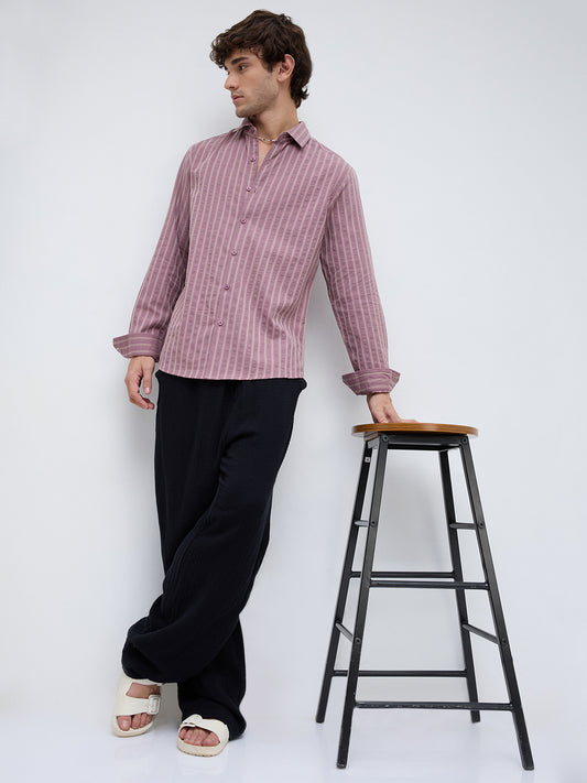Luxe Raspberry Seersucker Glace Motif Contrast Embroidered Shirt