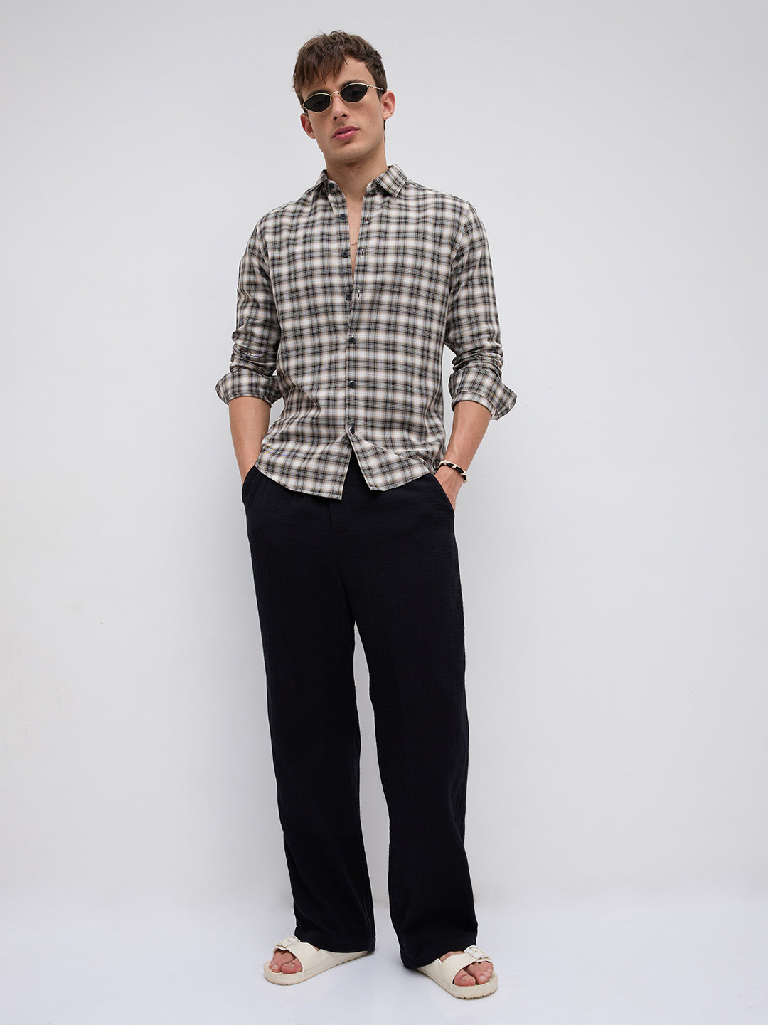 Beige & Black Interlock Plaid Checks Textured Shirt