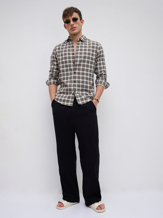 Beige & Black Interlock Plaid Checks Textured Shirt