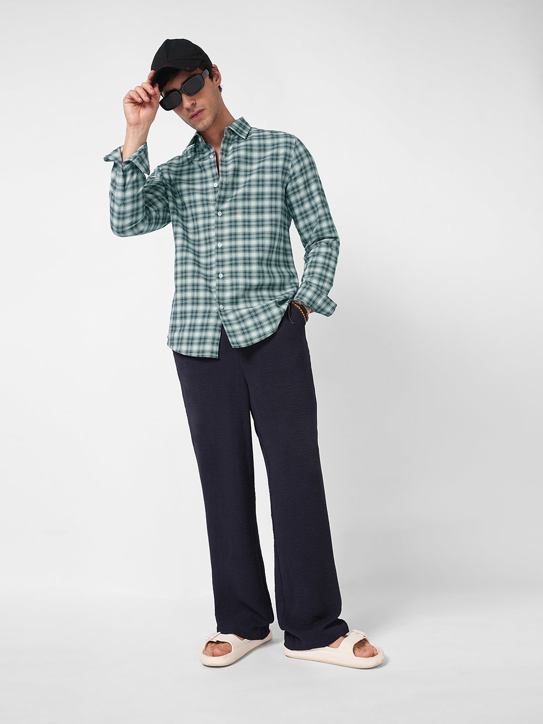Green & Navy Refined Crossweave Checked Shirt