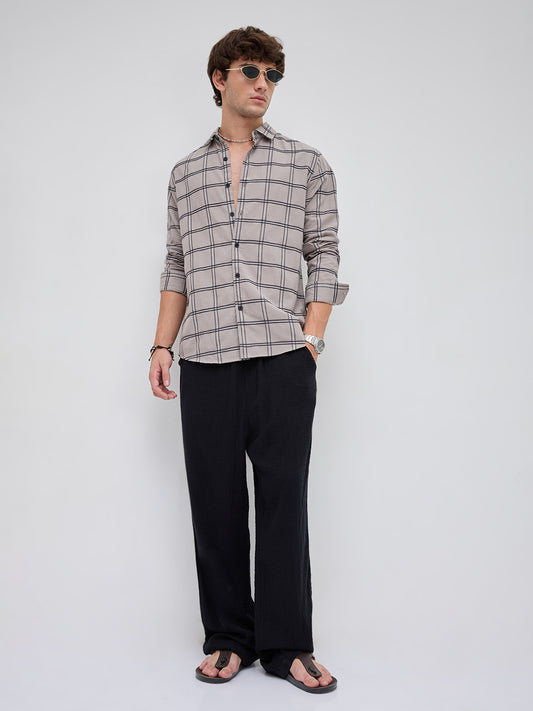 Grey Dimensional Contrast Windowpane Checks Shirt