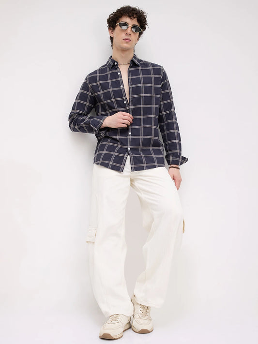 Navy Dimensional Contrast Windowpane Checks Shirt