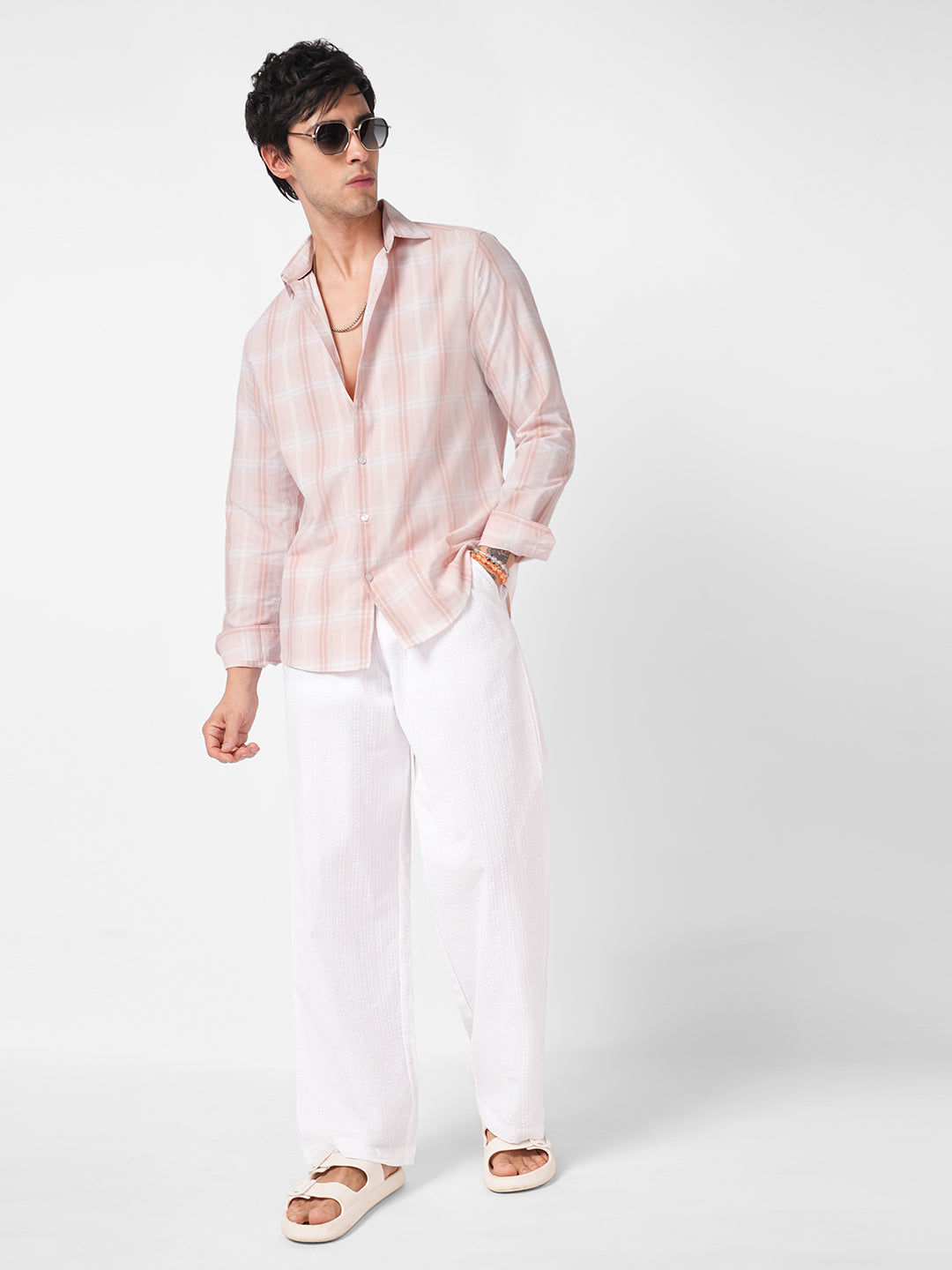 Elegant Soft Blush Peach Plaid Checks Shirt