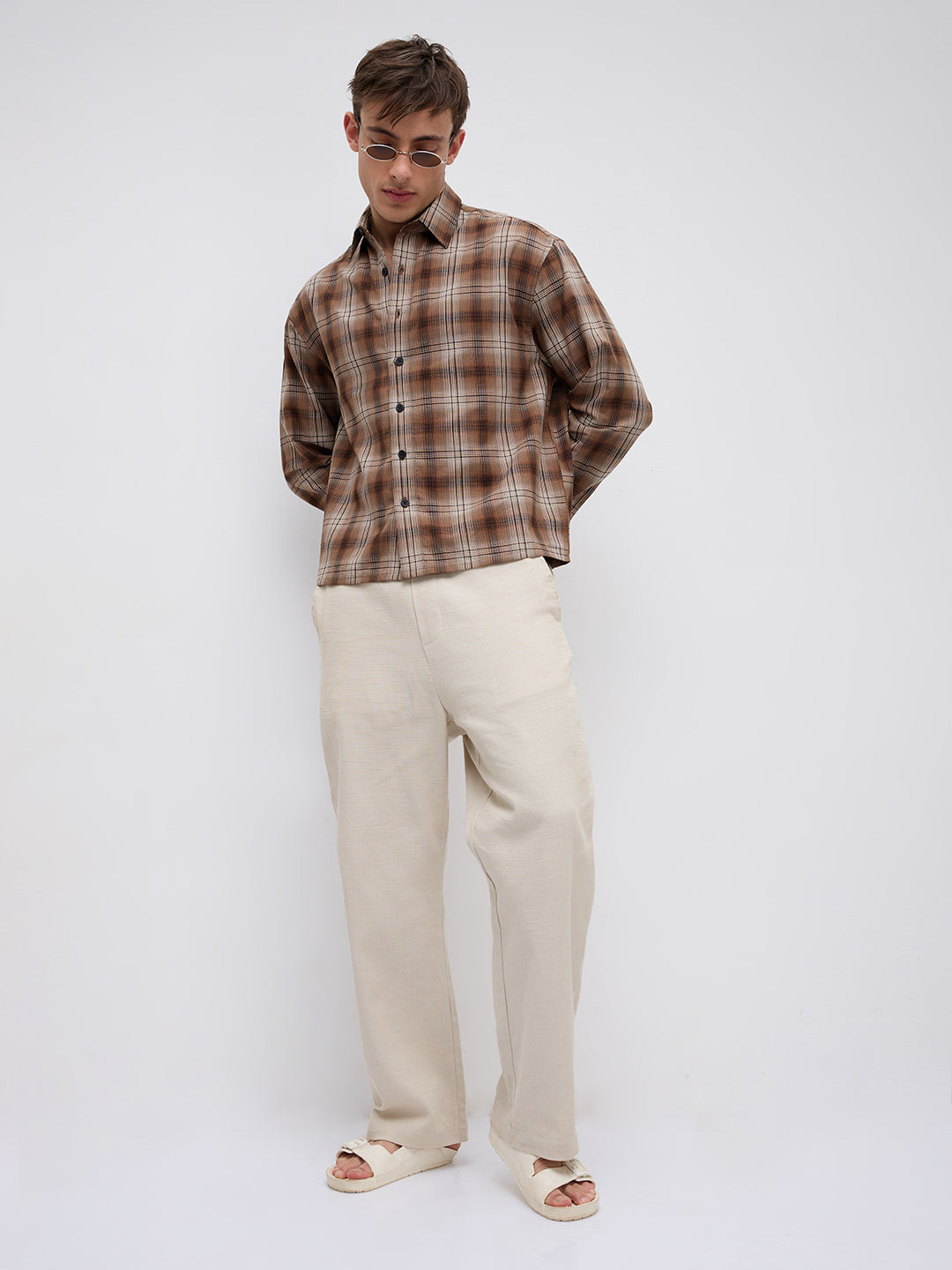 Cocoa Haze Gradient Plaid Classic Boxy Fit Crop Shirt