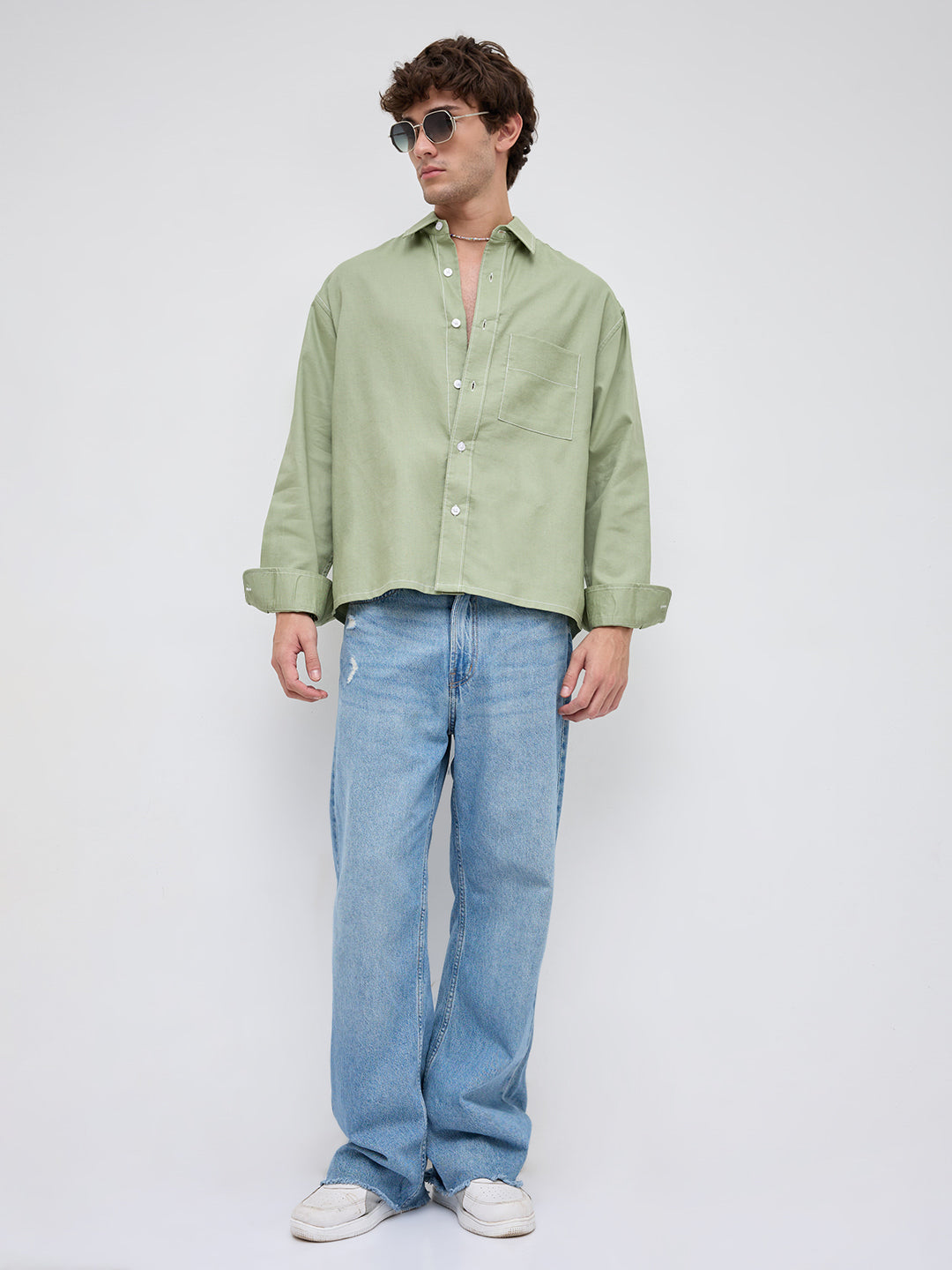Sage Green Contrast Stitch Boxy Fit Crop Shirt