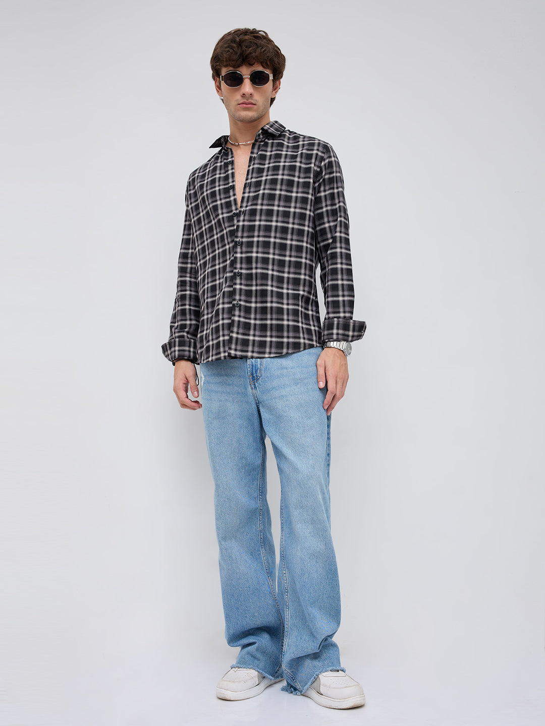 Black & Grey Tartan Checked Relaxed Shirt