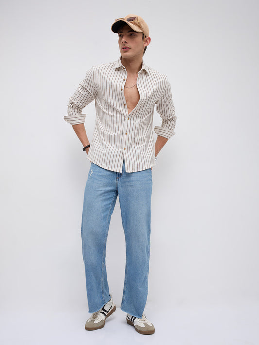 Ivory & Coffee Brown Saddle Weave Contrast Stripe Shirt