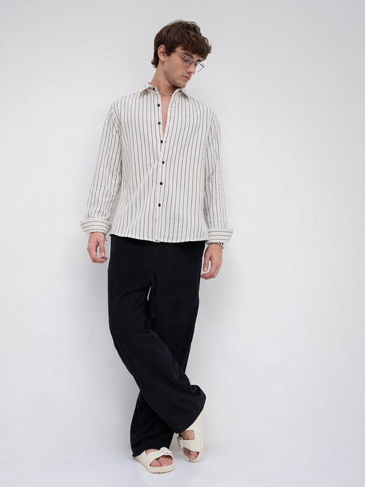 Black & Ivory Saddle Weave Contrast Stripe Shirt