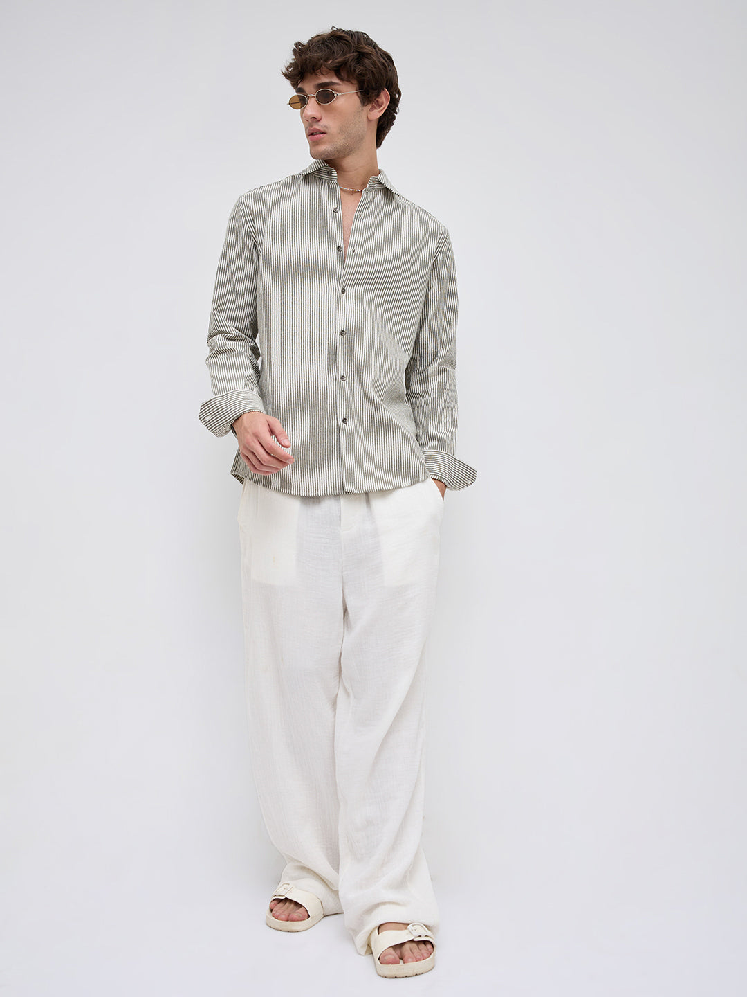 Olive & White Vertical Striped Relaxed Shirt