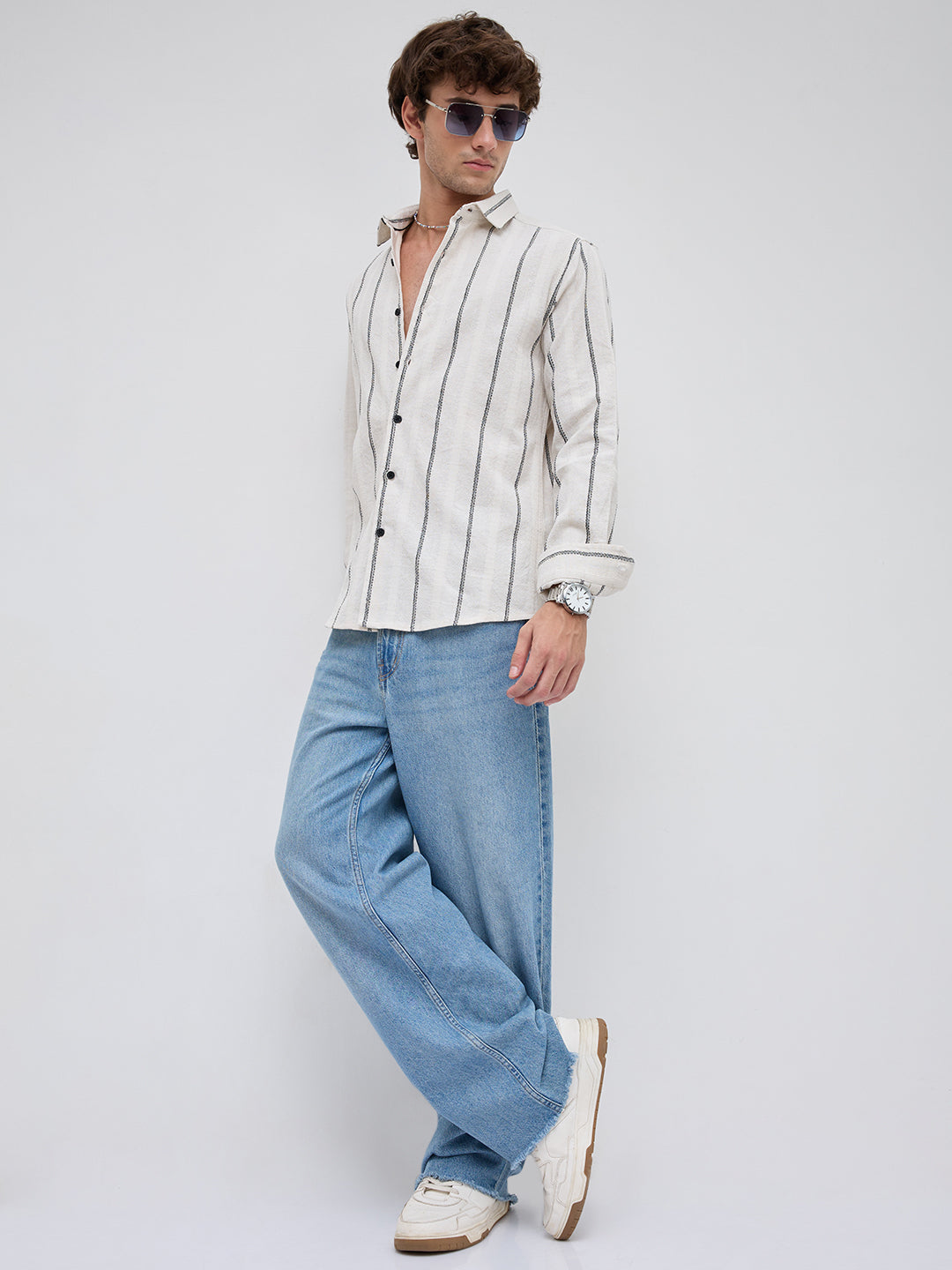 Ivory & Black Embroidered Striped Shirt